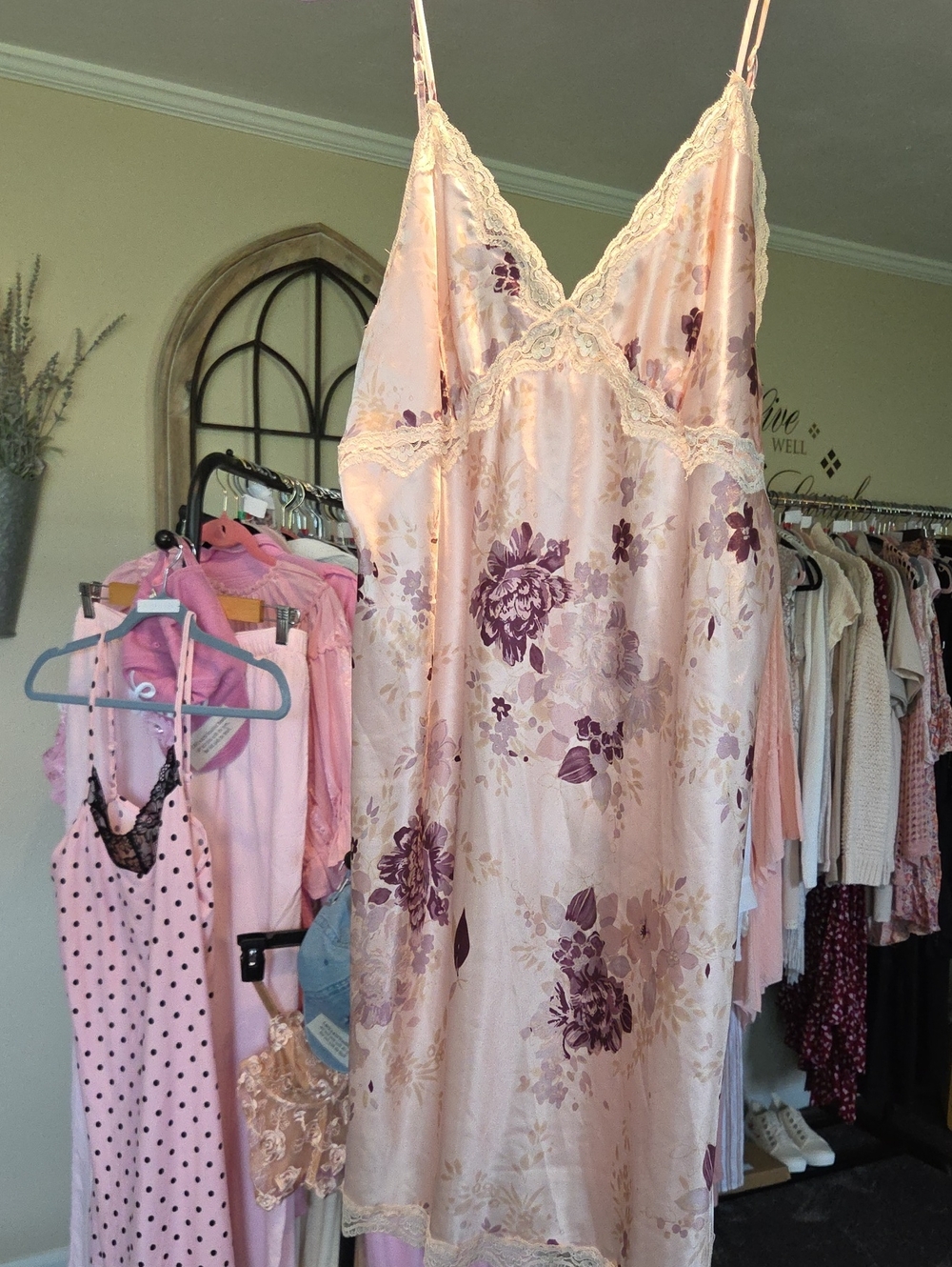 Vintage Gilligan & O'Malley Pink and Purple Floral Lace-Trim Slip